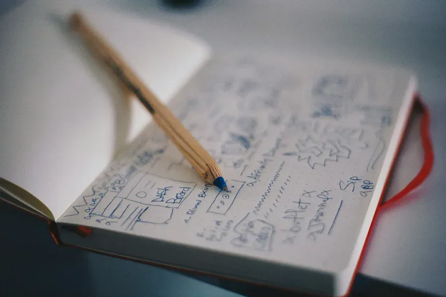 An open notebook of hand-sketched product wireframes with a pencil resting on it